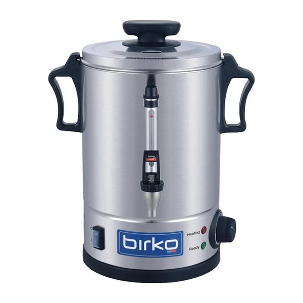 A silver Birko hot water urn with a 5-liter capacity, featuring black handles and control panel on the front.