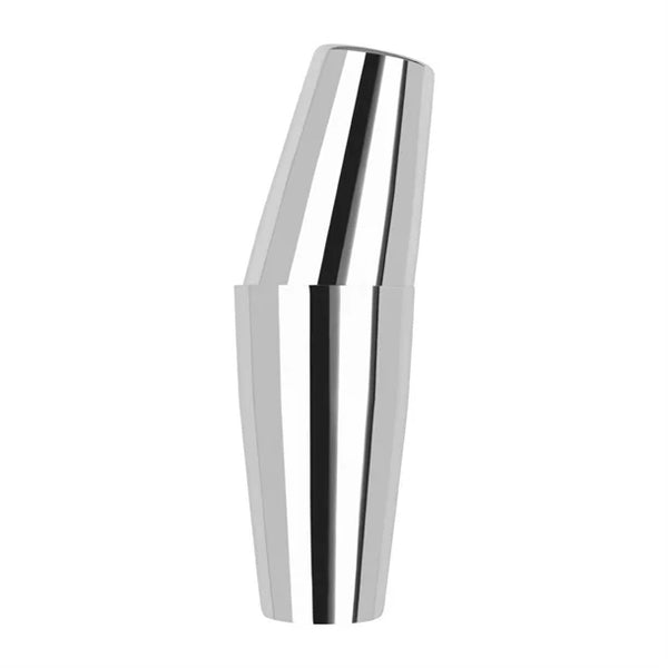 A chrome cocktail shaker with a sleek design, featuring a shiny metallic finish.