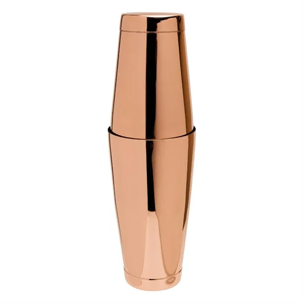 A copper cocktail shaker consisting of two stacked cylindrical shapes.