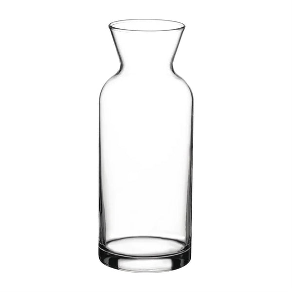 A clear glass carafe with a tapered design.