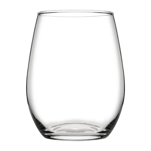 A stemless clear glass wine glass.