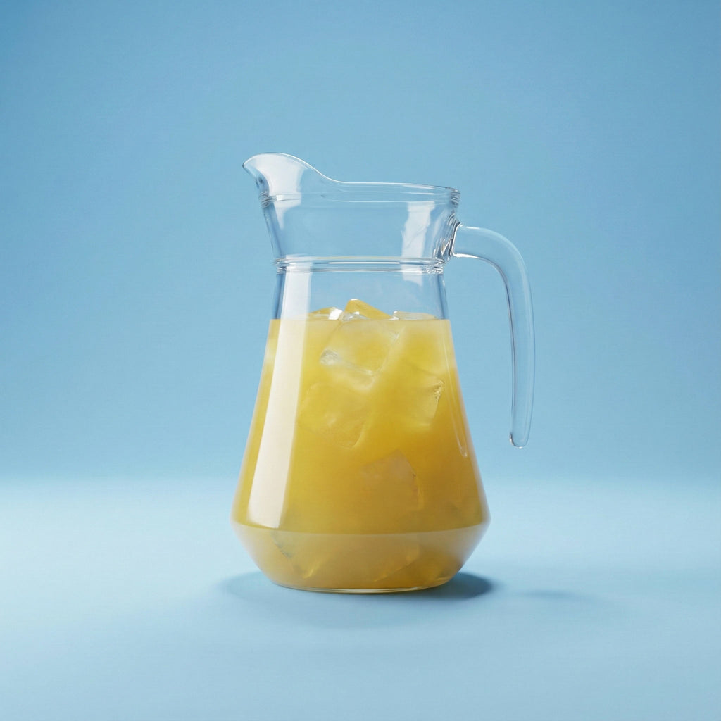 Clear glass pitcher filled with orange juice on a light blue background