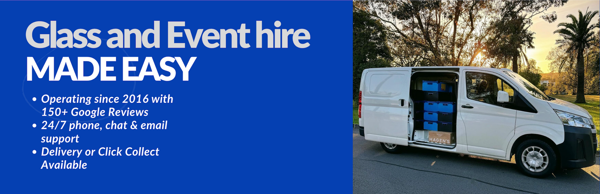 Van with glass and event hire equipment on a blue background with text about the service.