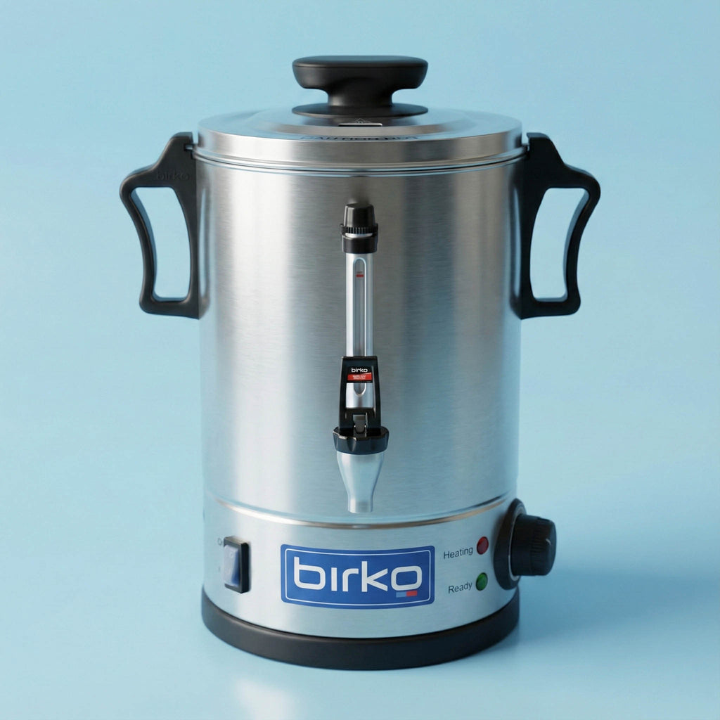 Stainless steel coffee urn with black handles and spout on a light blue background, featuring the Birko brand.