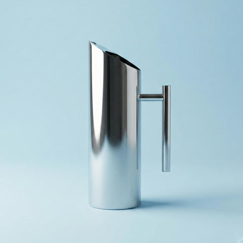 Stainless steel pitcher jug on a light blue background
