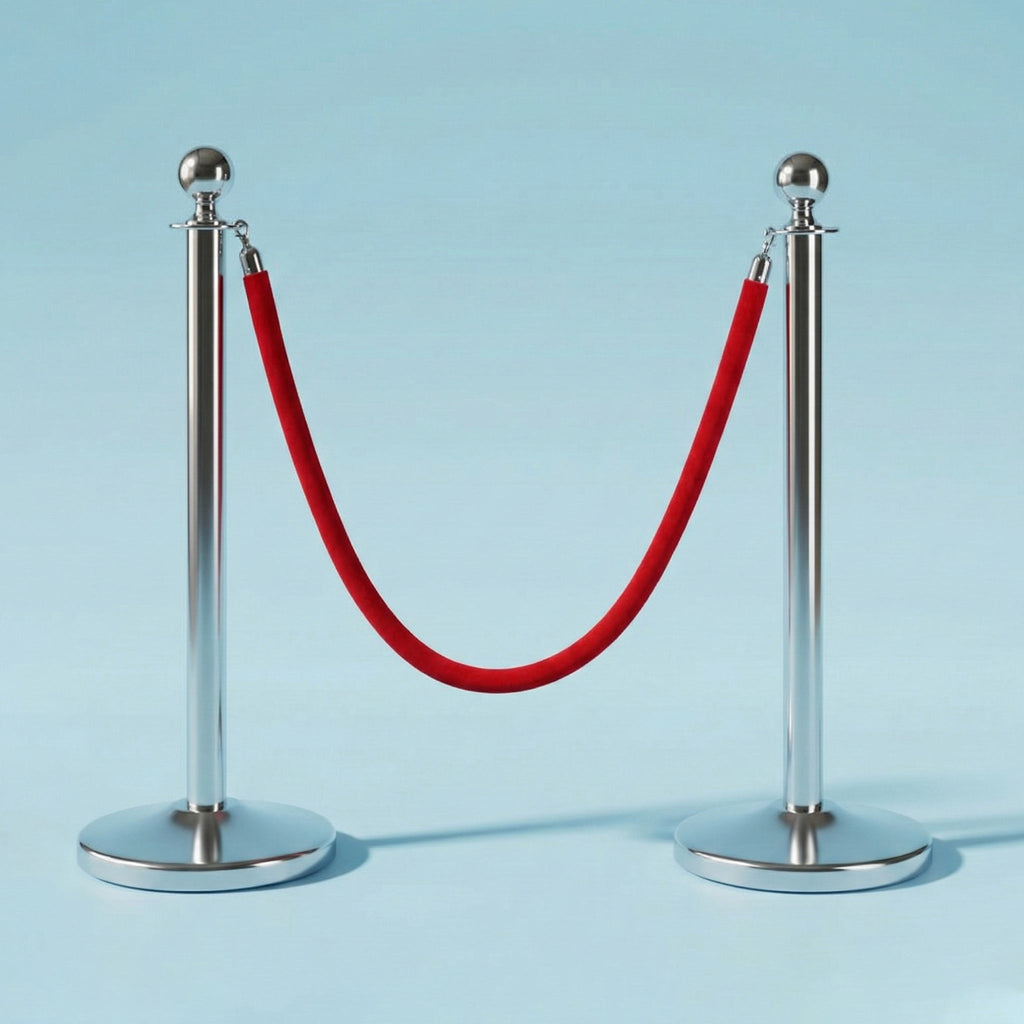 Metal stanchions with a red rope on a light blue background