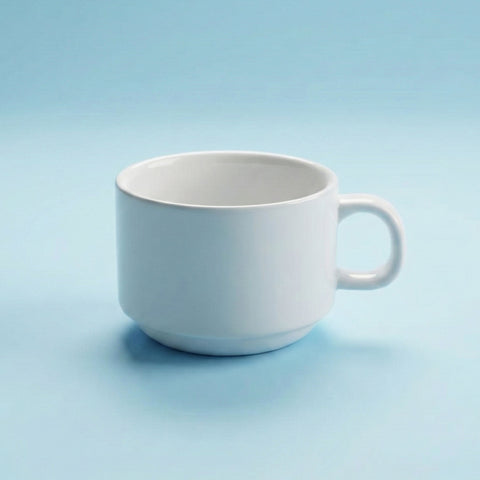 White tea cup on a light blue background