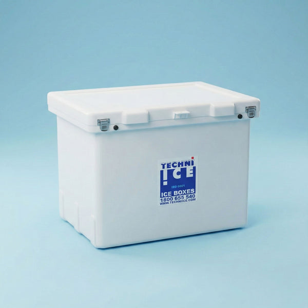 White techni ice esky on a light blue background