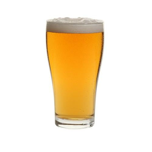 A clear glass beer glass filled with a beverage, displaying a white foam head on top.