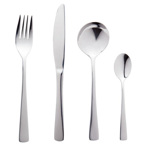 A set of silver flatware including a knife, fork, soup spoon, and tea spoon, presented on a white background.