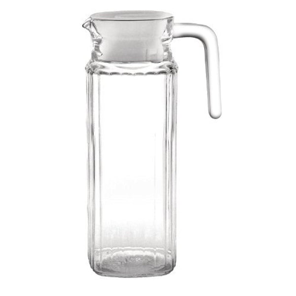 A clear glass ribbed jug with a handle and spout, suitable for serving beverages.