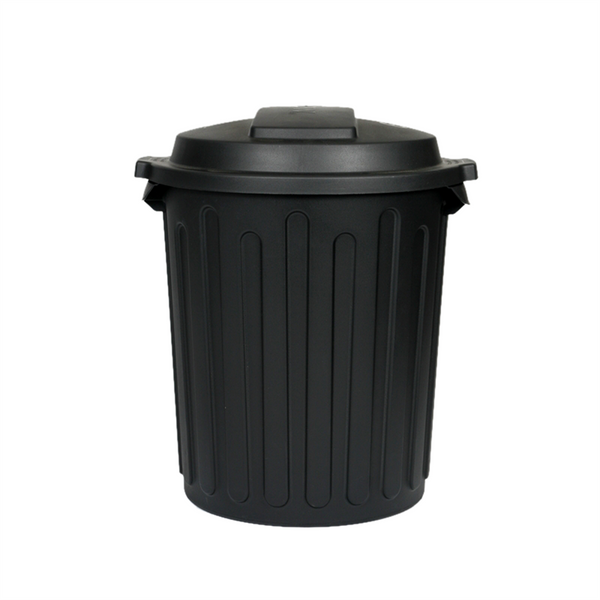 Black trash bin on a white background