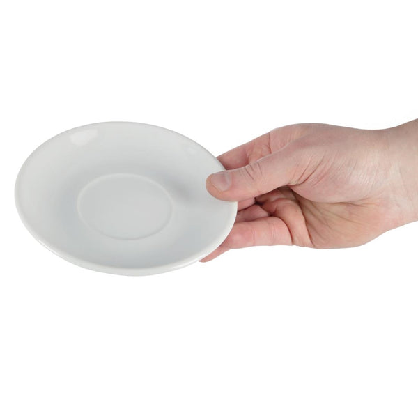 Tea cup saucer in persons hand on white bsckground