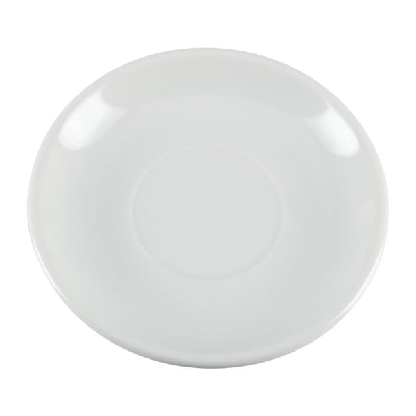 A white ceramic saucer designed for a tea cup.